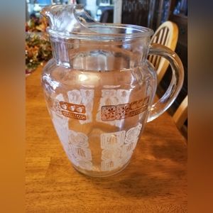 Vintage Anchor Hocking Beverage Pitcher "Coffee Time" Clear, White, Gold